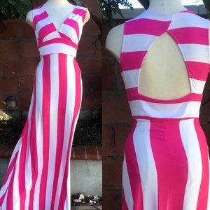 IPONA Striped Sundress Long Dress A-Line V-neck Cutout Back Stretchy Casual S